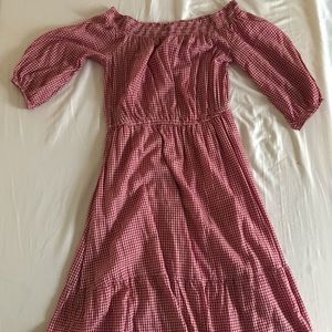 Off the shoulder tiered red gingham midi dress